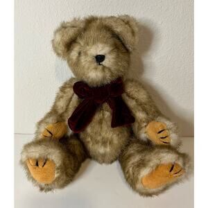 Vintage Kel-Toy Jointed Teddy Bear Plush Tan Red Velvet Bow Stuffed Animal 12”